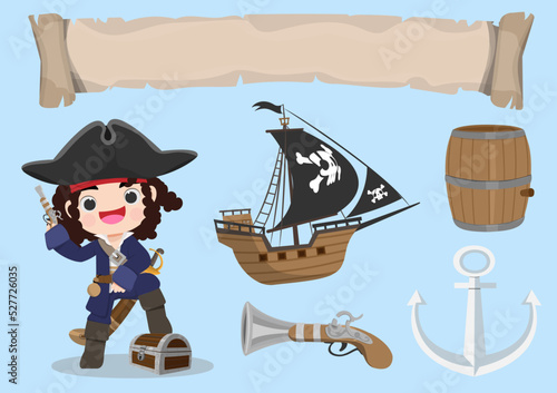 Pirate cartoon vector game object set. Sea adventure element collection