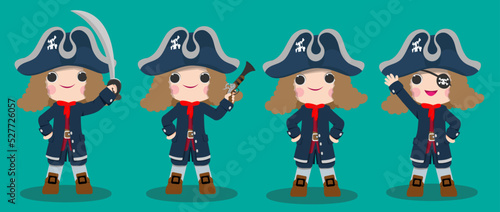Cute pirate character wearing hat and standing with weapon. Marine travel and adventure design