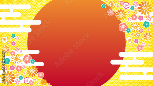 日の出イメージの和柄背景，青海波模様，赤のコピースペース