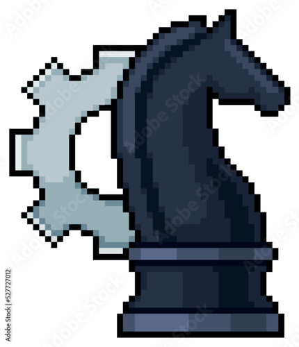 Pixel art chess horse and gear. business strategies vector icon for 8bit game on white background 
