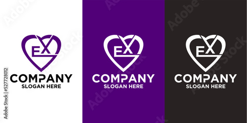 Icon logo heart shape with combination of initials letter E X