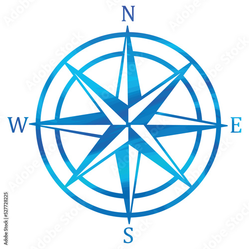 Vector illustration of a mariners compass in ocean blue colors. Simple windrose compass icon 