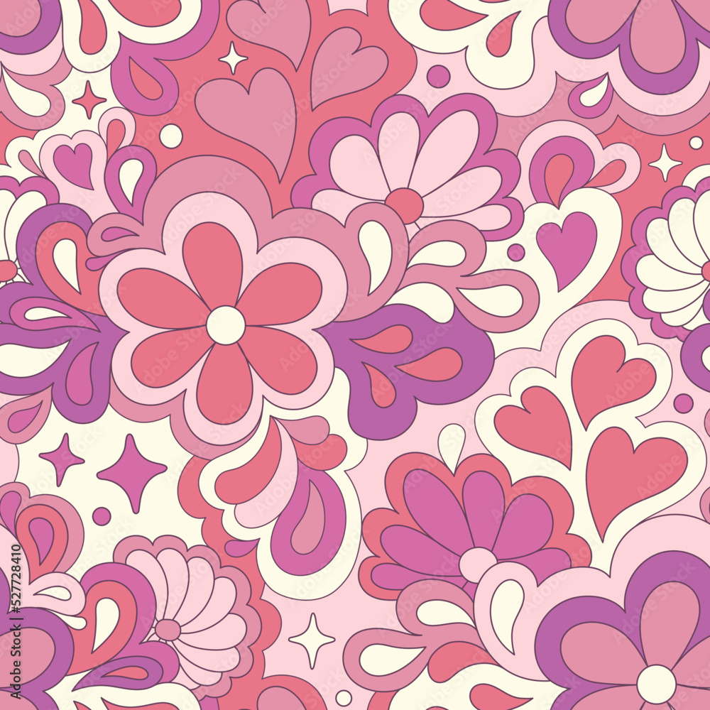 Retro groovy 60s 70s vector seamless pattern. Old school psychedelic hippie design with flowers and hearts for package, branding, textile, stationery, wraping paper, gift cards, any surface Retro groovy 60s 70s vector seamless pattern. Old school psychedelic hippie design with flowers and hearts for package, branding, textile, stationery, wraping paper, gift cards, any surface