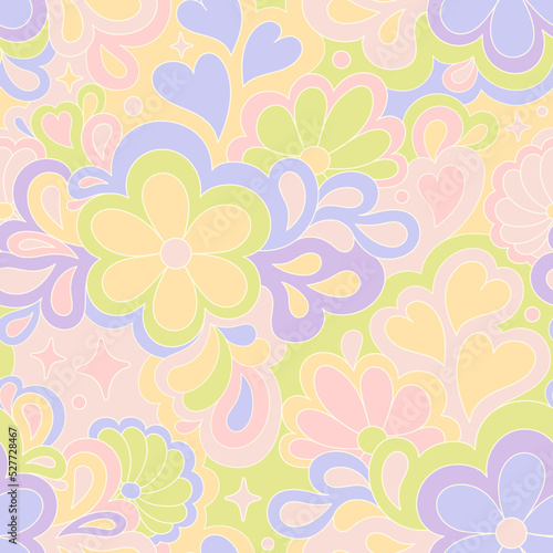Retro groovy 60s 70s vector seamless pattern. Old school psychedelic hippie design with flowers and hearts for package, branding, textile, stationery, wraping paper, gift cards, any surface
