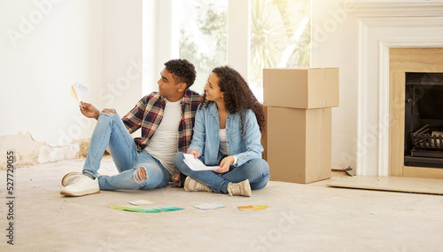 Photography Couple, homeowner and room color paint choice together for house wall renovation and decoration