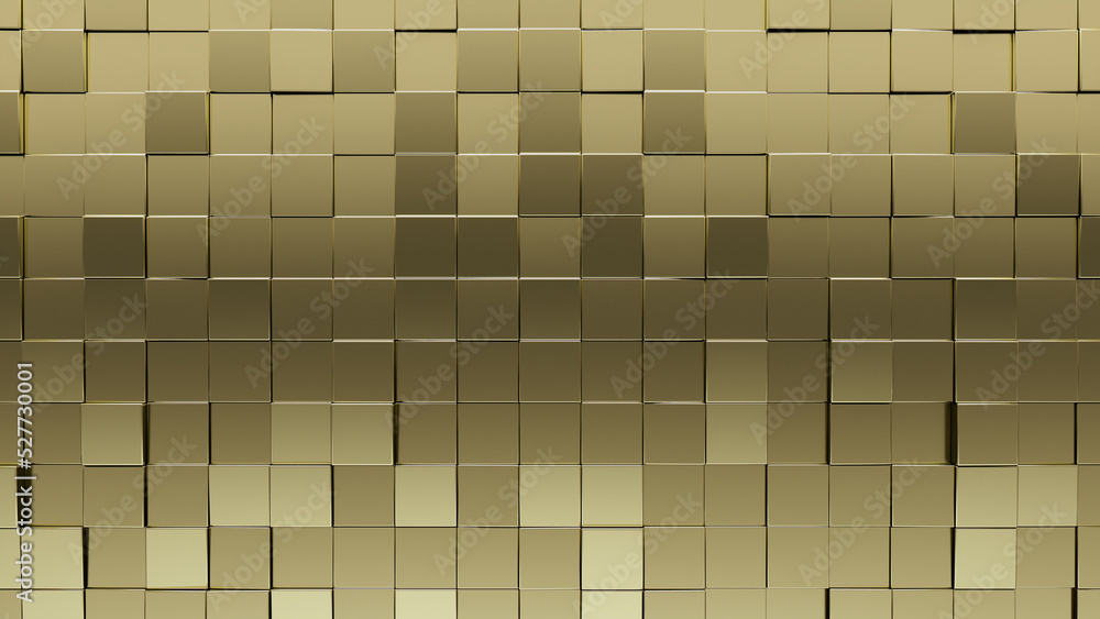 Square, Gold Mosaic Tiles arranged in the shape of a wall. 3D, Glossy, Blocks stacked to create a Luxurious block background. 3D Render Square, Gold Mosaic Tiles arranged in the shape of a wall. 3D, Glossy, Blocks stacked to create a Luxurious block background. 3D Render