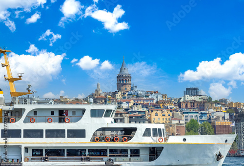 Bosphorus strait in Istanbul, Bosporus tour boats and views of Istanbul mosques and historic center.