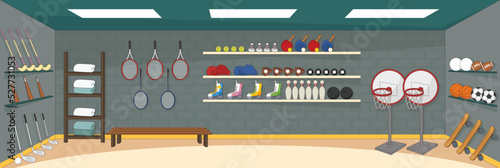 Cute and nice design of Sporting Goods Shop with furniture and interior objects vector design