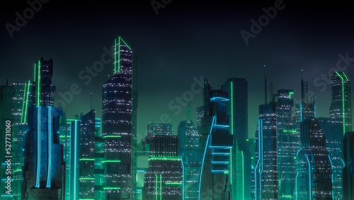 Futuristic City Skyline with Green and Blue Neon lights. Night scene with Visionary Architecture. photo