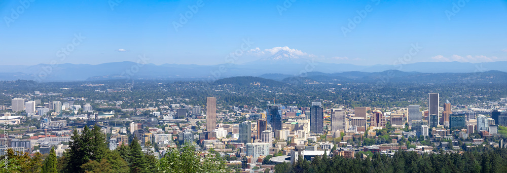 Naklejka premium USA, panoramic view of Portland city downtown, Columbia River and national forest park Mount Hood.