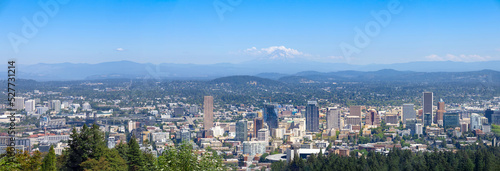 USA, panoramic view of Portland city downtown, Columbia River and national forest park Mount Hood.