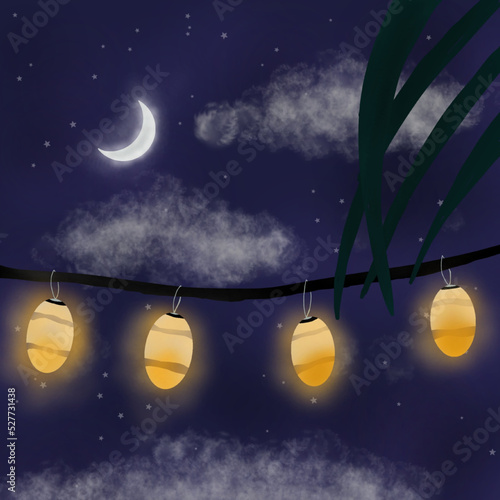 Four lantern and eclipse in starry night