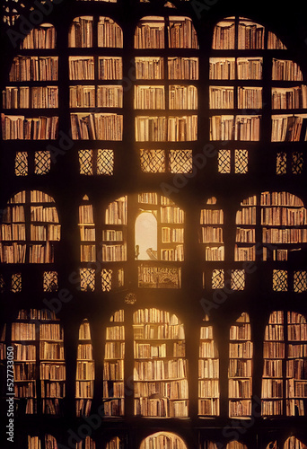 Library with gothic and dark medieval influence mystery fantasy Halloween spooky and gritty atmospheric  photo