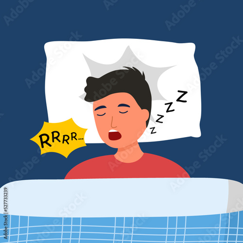 Man sleeping and snoring in flat design. Snore health problem concept vector illustration.