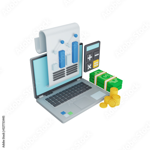 3d rendering accounting concept with laptop, money, calculator and colorful report or statement
