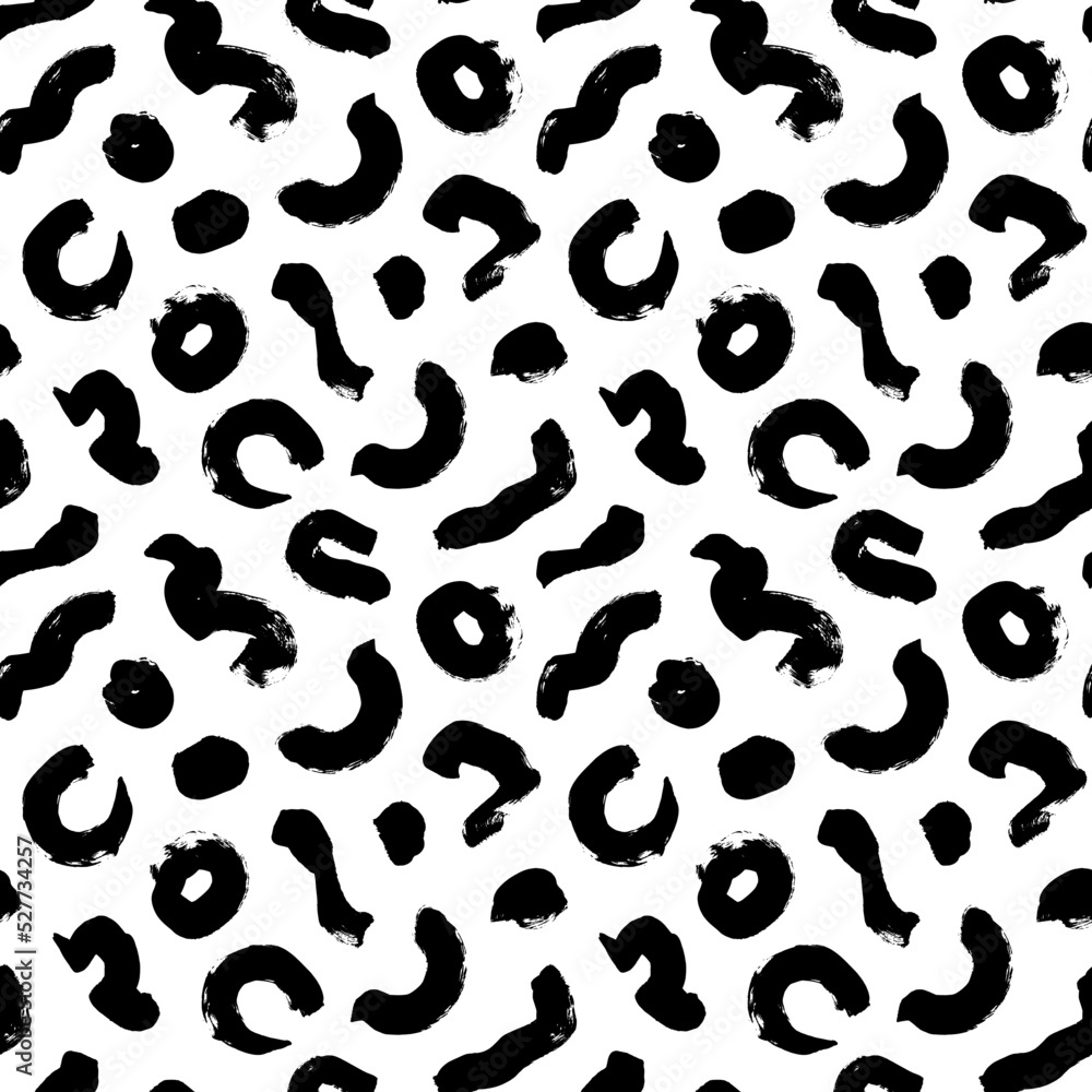 Organic irregular shapes seamless pattern. Hand drawn abstract vector ornament with wavy brush strokes and black blots. Biological grunge squiggle lines. Hand drawn various organic shapes. 