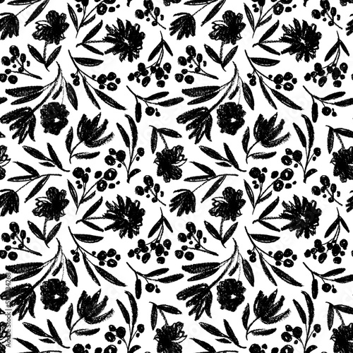 Seamless pattern with charcoal flowers and berry branches. Hand drawn black and white pattern of abstract flowers. Floral wrapping paper  textile vector fill. Chamomile  peony  chrysanthemums blooming