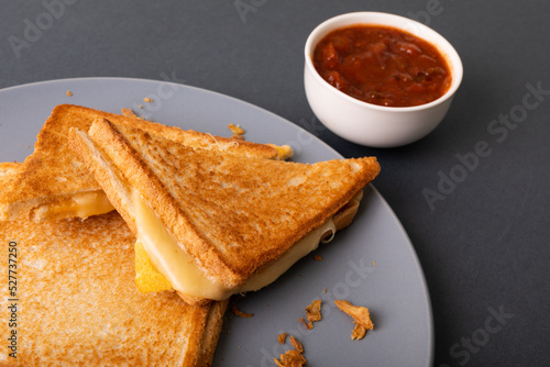 High angle view of fresh cheese sandwich toast served in plate by dip