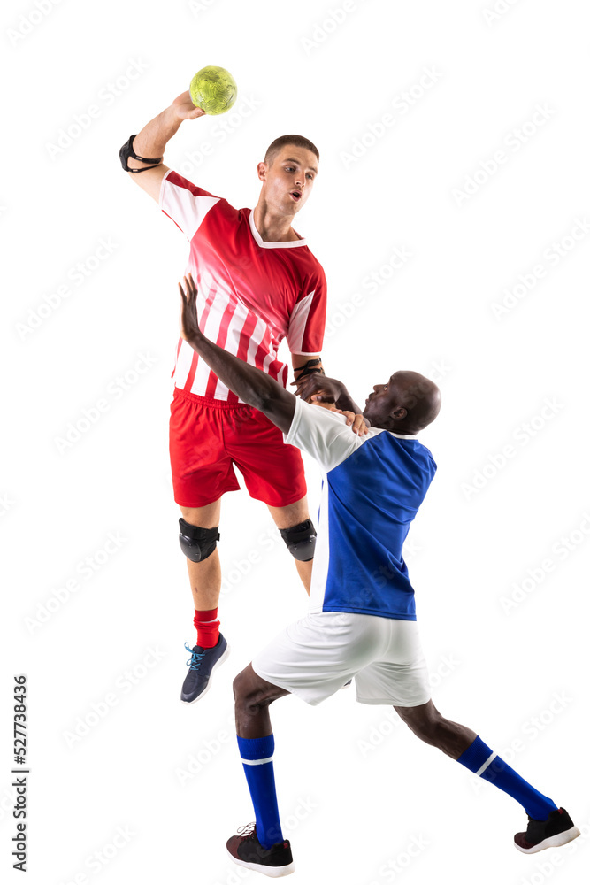 Young multiracial male athletes playing handball against white background Young multiracial male athletes playing handball against white background