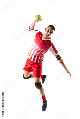 Confident young male caucasian handball athlete throwing ball against white background © WavebreakMediaMicro