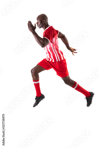 Full length side view of young male african american soccer player running over white background