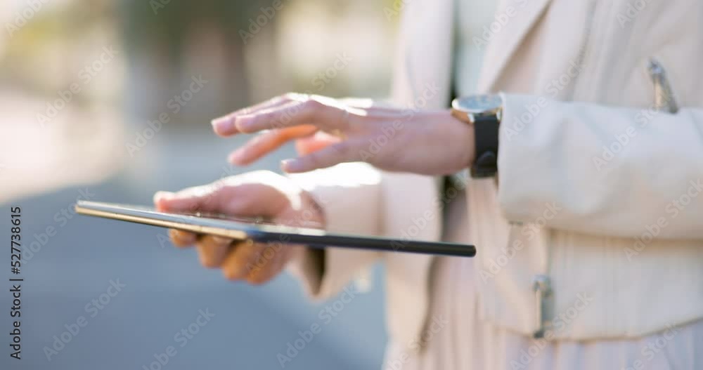 Ecommerce on digital tablet, woman scroll web site and online shopping with 5g internet. Social media marketplace content, fast wifi connection on mobile app ux and touch screen technology zoom