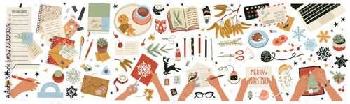 Collection of objects and compositions with female hands at work. Creating Christmas decorations, greeting cards, writing letters and compiling a wish list. Flat style in vector illustration. Isolated