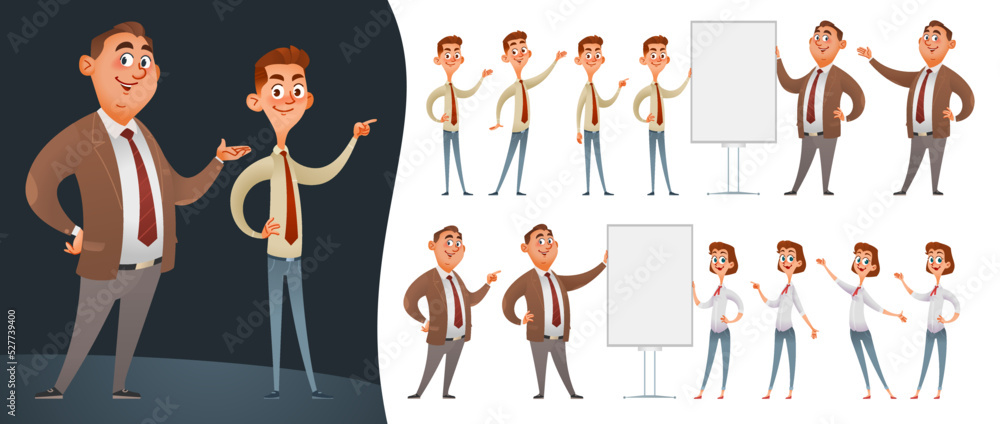 Set of funny cartoon people presenting informational or advertising banner. Characters in various poses pointing at a blank banner, poster or board. Vector illustration. Isolated on white. Set of funny cartoon people presenting informational or advertising banner. Characters in various poses pointing at a blank banner, poster or board. Vector illustration. Isolated on white.