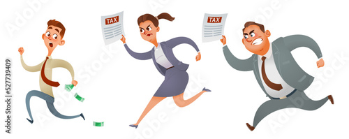 Funny cartoon businessman with money in his hand runs away from the tax inspectors. Excessive financial burden, pressure from tax service. Vector illustration. Isolated on white.