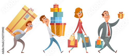 Cartoon people carry shopping bags and boxes with purchases or buy of online mobile. Men and women taking part in seasonal sale. Vector illustration. Isolated on white. Elements is grouped.