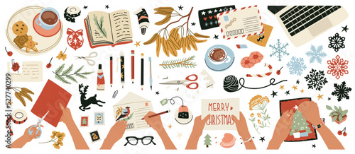 Collection of objects and compositions with female hands at work. Creating Christmas decorations, greeting cards, writing letters and compiling a wish list. Flat style in vector illustration. Isolated
