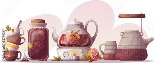 Teapots, jar with loose tea, teacups illustration 