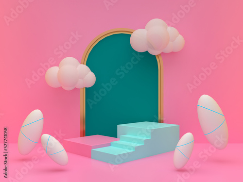 Step stage podiums with floating clouds and rugby balls with green arch on pink background. Pedestal for kid product presentation. Geometric 3D render photo