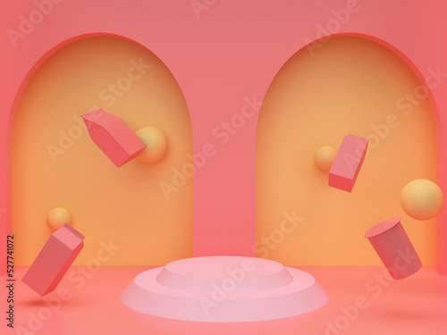 Soft pink podium with floating geometric shapes on pastel yellow and rose pink background. Pedestal for kid product presentation. Geometric 3D render photo