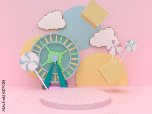 PInk podium with candy and windmill on pink background. Pedestal for kid product presentation. Geometric 3D render photo