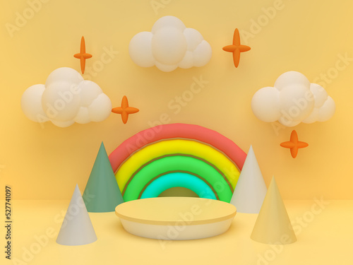 Yellow poduim with rainbow and clouds on yellow background. Pedestal for kid product presentation. Geometric 3D render photo