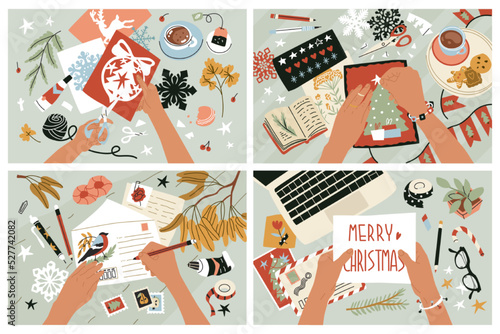 Creative process. Handmade, creating Christmas decorations, congratulations and cards. Happy holiday. Flat style in vector illustration.