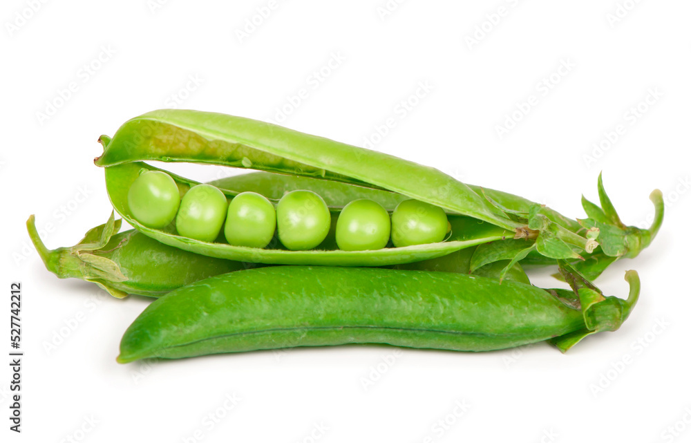 Fresh green peas with beans isolated on white background. Horizontal subassembly with clipping path Fresh green peas with beans isolated on white background. Horizontal subassembly with clipping path