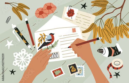 Creative process. Handmade, creating Christmas decorations, congratulations and cards. Happy holiday. Writing a letter to Santa with wishlist for Christmas. Flat style in vector illustration.