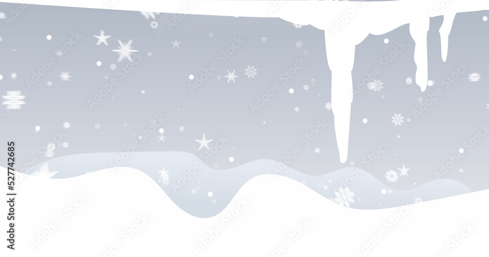 Image of snow falling over white and grey background