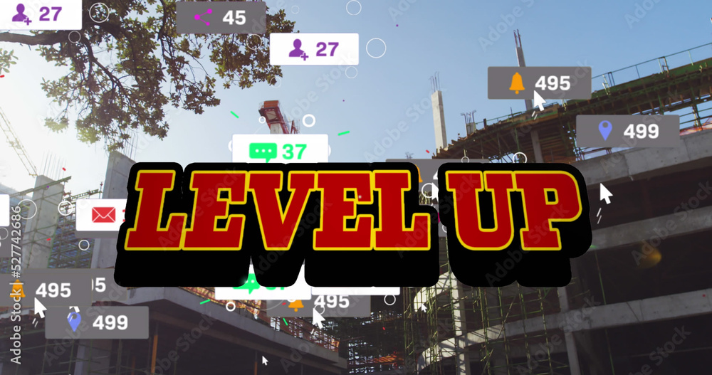 Image of level up text and numbers growing over cityscape