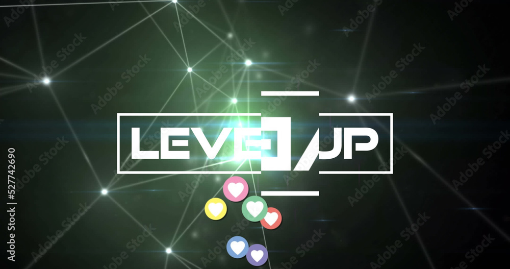Image of level up text over social media icons and network of connections on black background