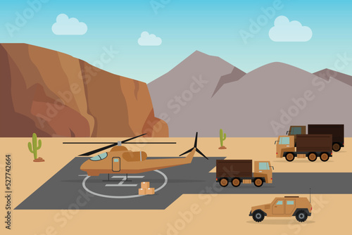Military helicopter on the runway and military trucks 2d vector illustration concept for banner, website, illustration, landing page, flyer, etc. photo