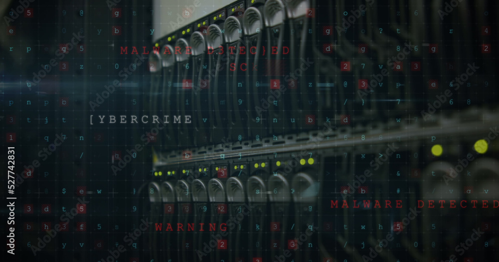 Image of cyber attack warning over server room Image of cyber attack warning over server room