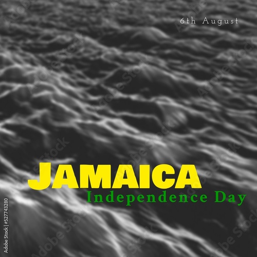 Digital composite of 6th august and jamaica independence day text against waves splashing in sea