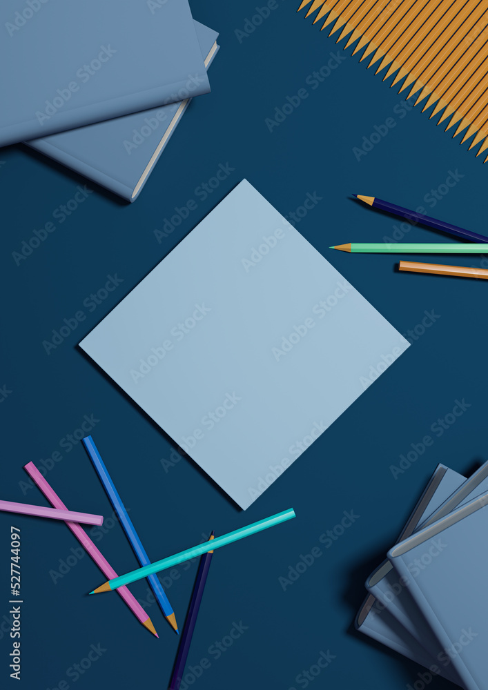 Dark, aqua blue 3D illustration back to school product display one podium or stand top view, flat lay, from above with pencils, and books on table for product photography background or wallpaper Dark, aqua blue 3D illustration back to school product display one podium or stand top view, flat lay, from above with pencils, and books on table for product photography background or wallpaper