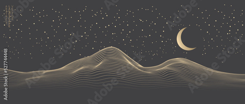 Print op canvas Vector abstract art landscape mountain night sky with crescent moon stars by golden line art texture isolated on dark grey black background