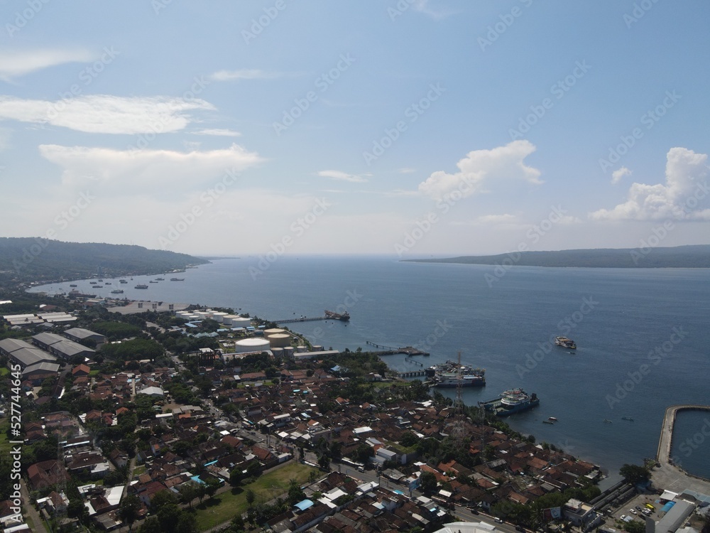 Aerial view of Port in Banyuwangi Indonesia with ferry in Bali Ocean