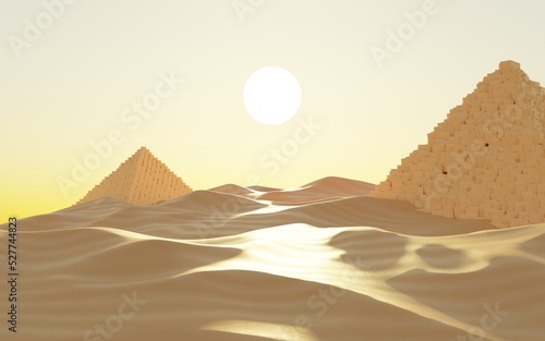 Abstract Desert Dune cliff sand with Egyptian Pyramid and clean blue sky. Surreal minimal Desert natural landscape background. Scene of Sands with glossy metallic arches geometric design. 3D Render.