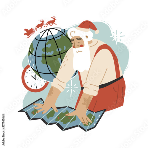 Santa is developing a route for delivering gifts around the world. The concept of timely delivery.Happy New Year, Merry Christmas. Daily routine of Santa Claus before Christmas. Flat style in vector.